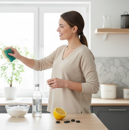 Cleaning fridge shelves with a vinegar and water spray