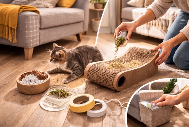 Scratching post materials like sisal, jute, cardboard, and carpet