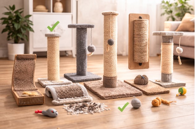 Different types of cat scratching posts: vertical, horizontal, wall-mounted
