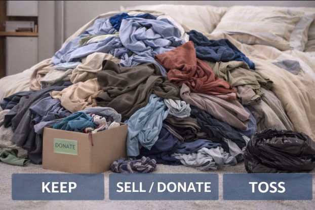 Sorting clothes into keep, donate, and toss piles