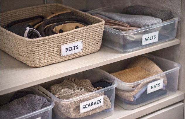 Zoning a closet into sections for dresses, pants, shelves, and drawers
