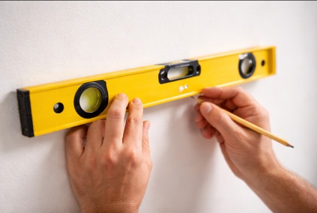 Marking the wall with a bubble level before drilling for a shelf