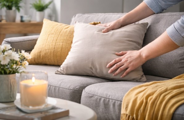 Fluffing pillows and folding throws for a tidy living room