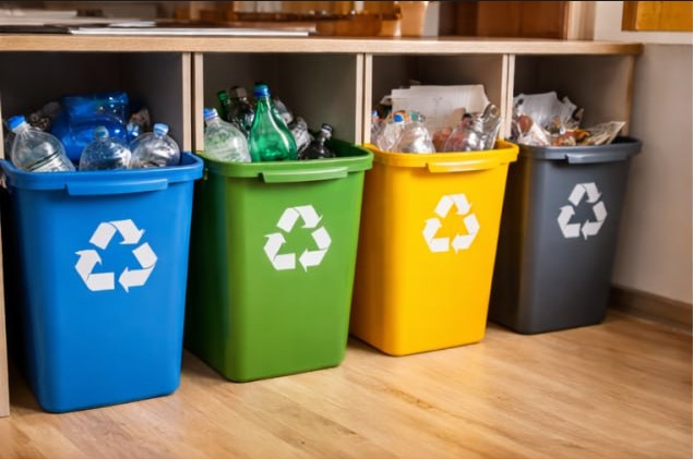 Setting up recycling bins for plastic, paper, glass, and metal