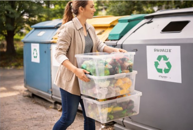 Recycling cheat sheet showing where plastic, glass, paper, and metal go