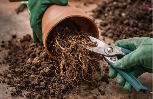 Removing a plant from its pot and trimming dead roots before repotting