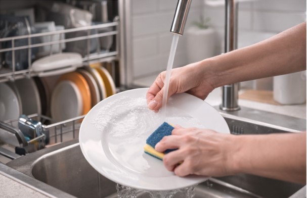 Saving water in the kitchen using dishwasher and bowl washing