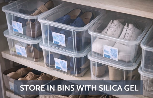 Storing shoes in clear bins or labeled boxes