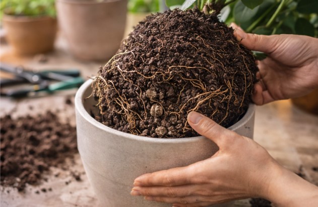 Signs a houseplant needs repotting such as roots coming out of drainage holes