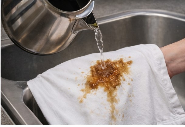 Rimozione di una macchia fresca di caffè dal cotone con acqua bollente
