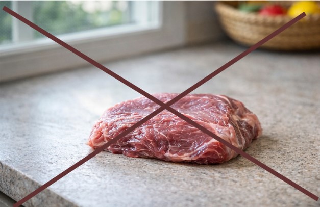Unsafe meat thawing mistakes such as leaving meat on the counter or using hot water