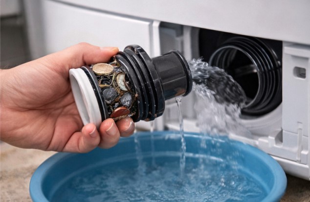 Aprire e svitare il filtro della lavatrice per far uscire l'acqua