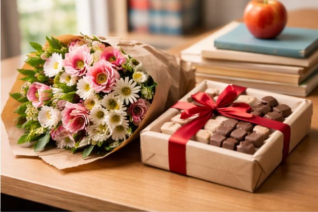 Flores, dulces y tarjetas de regalo para maestros
