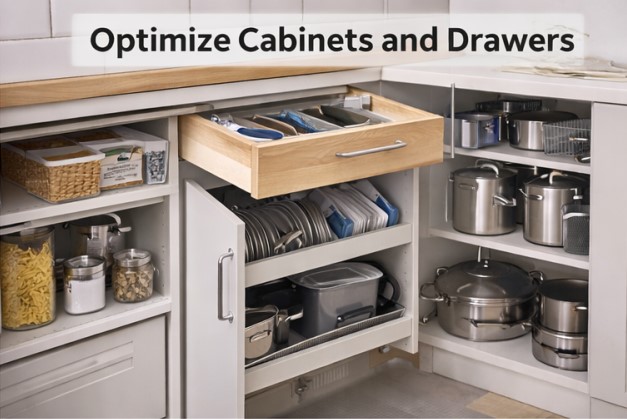 Mobili e cassetti della cucina organizzati con divisori e supporti