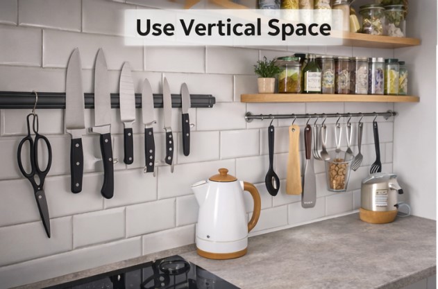 Organizzazione verticale in una cucina piccola con mensole, barre e striscia magnetica