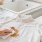 Coffee spill on a light shirt being blotted with a clean cloth