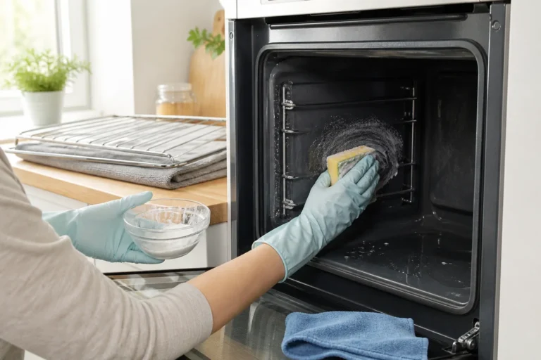 Gloved hands cleaning a cool oven with baking soda paste