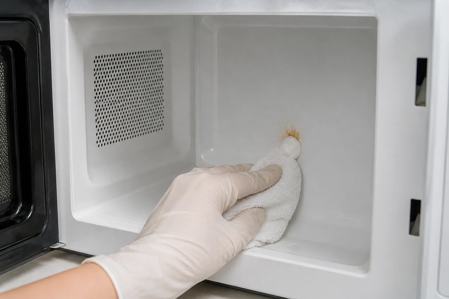 Gloved hand dabbing thick baking soda paste onto one dried food mark inside a cool microwave