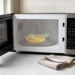 Open microwave with a glass bowl of lemon water on the turntable