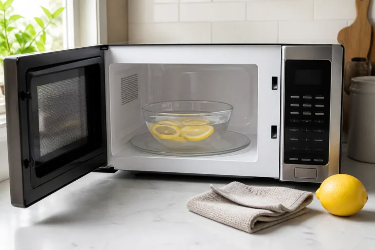 Open microwave with a glass bowl of lemon water on the turntable