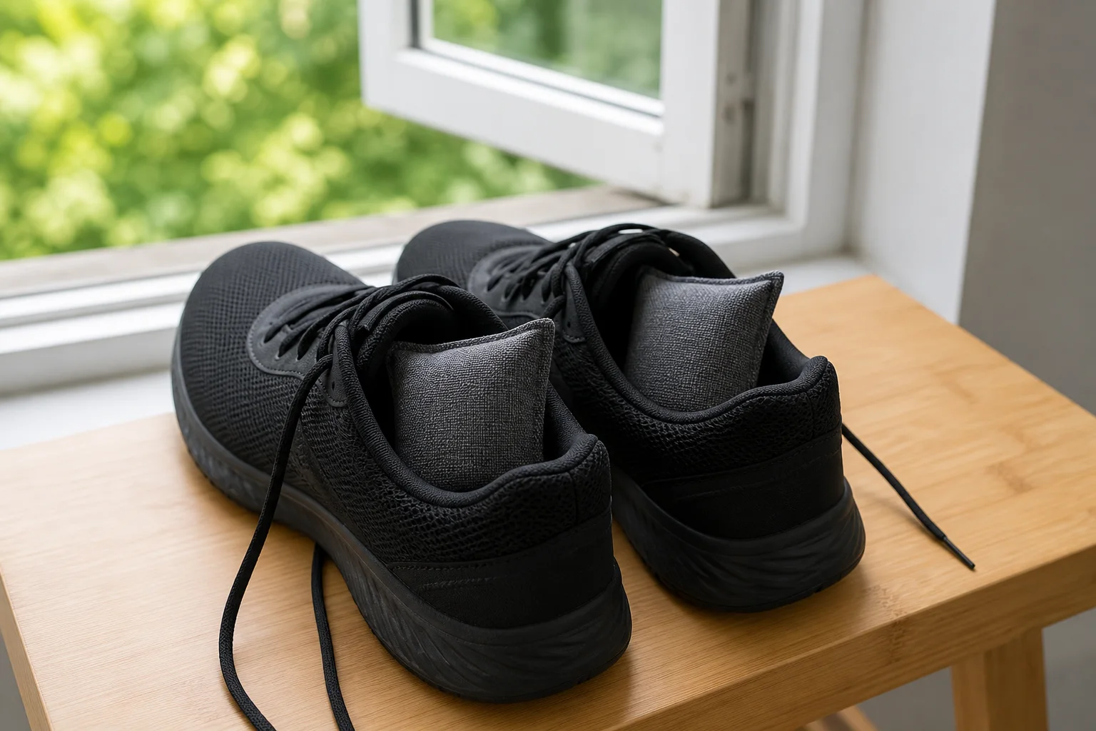 Sealed gray activated-charcoal deodorizer pouches resting inside black mesh shoes