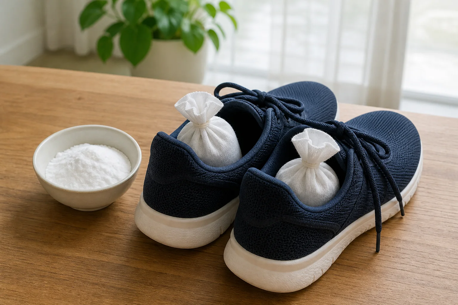 White baking soda sachets placed inside a pair of navy mesh sneakers