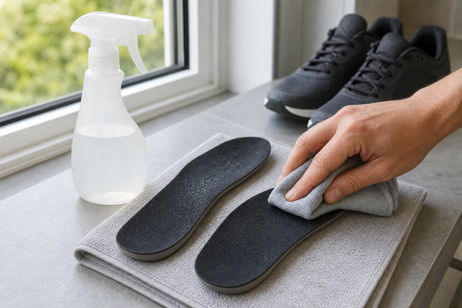 Removed black sneaker insoles being wiped with a damp microfiber cloth on a towel