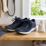 Navy mesh shoes airing beside removable insoles and sealed odor absorber bags