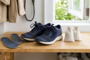 Navy mesh shoes airing beside removable insoles and sealed odor absorber bags