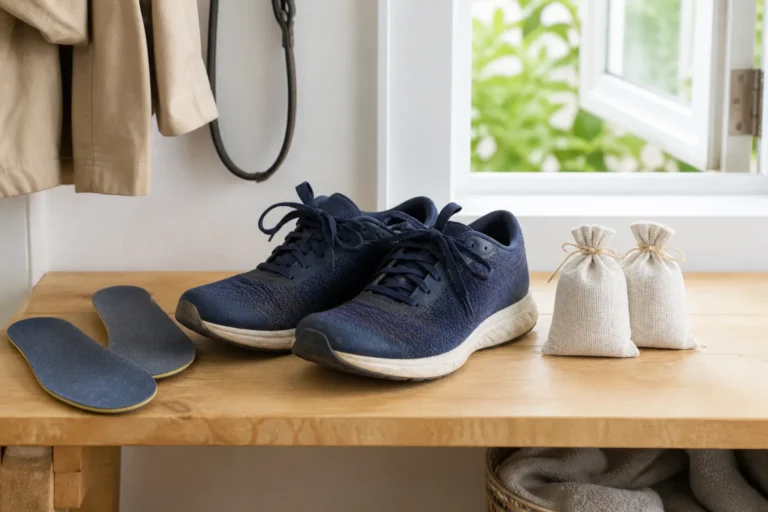 Navy mesh shoes airing beside removable insoles and sealed odor absorber bags