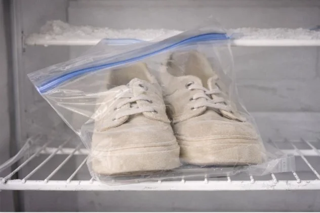 Light-colored fabric shoes sealed in a plastic bag on a freezer shelf