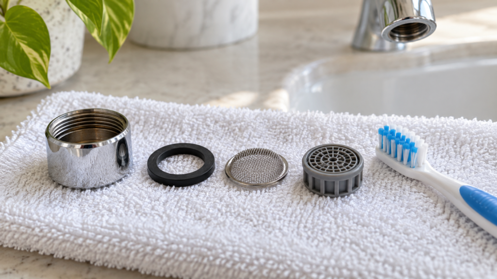 Faucet aerator housing, washer, screen and insert arranged on a towel