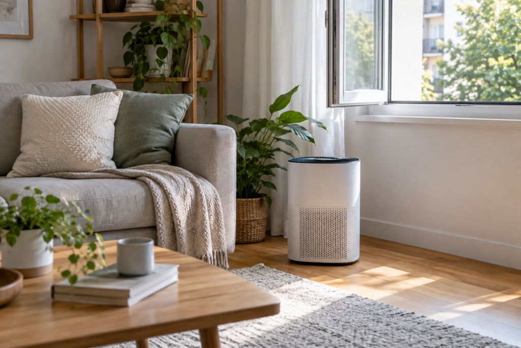 Portable air cleaner beside an open window