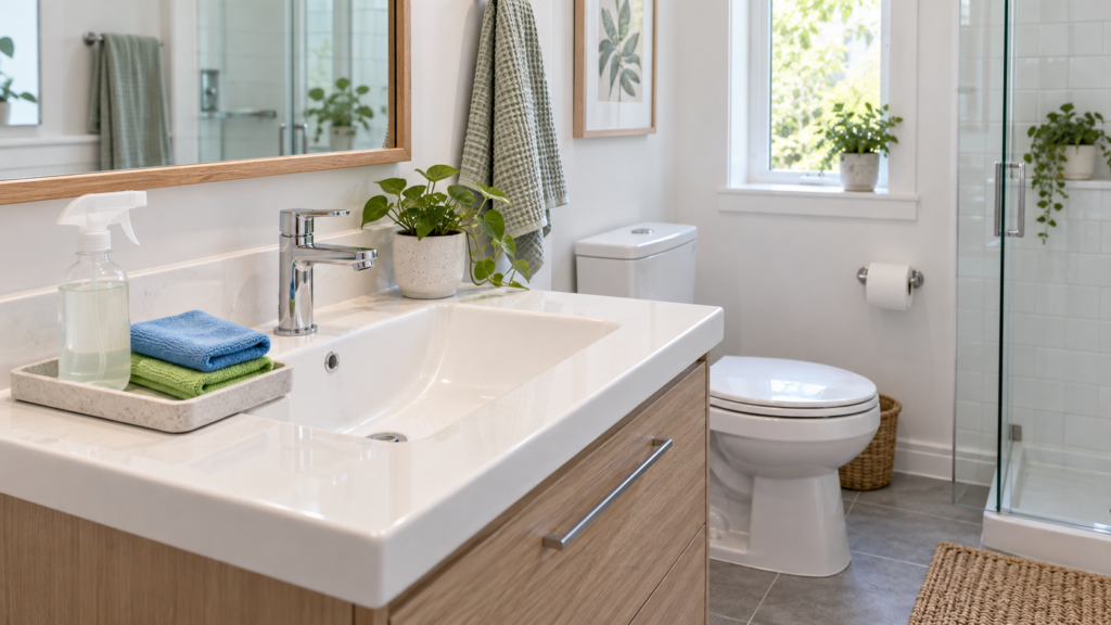 Clean bathroom sink and toilet with separate colour-coded cloths
