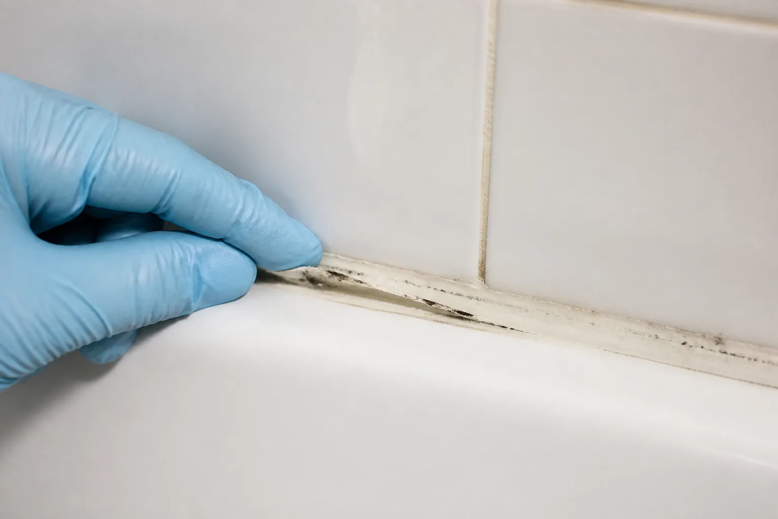 Gloved hand inspecting a damaged shower silicone seam beside white tile