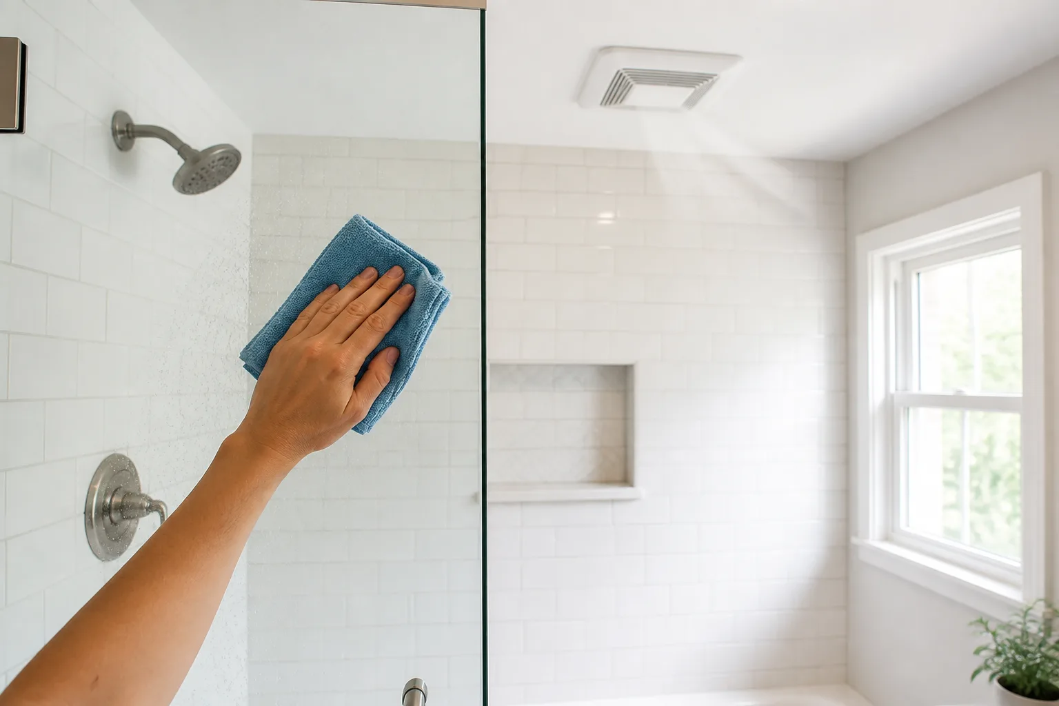 Hand drying shower glass with a blue microfiber cloth in a bright ventilated bathroom