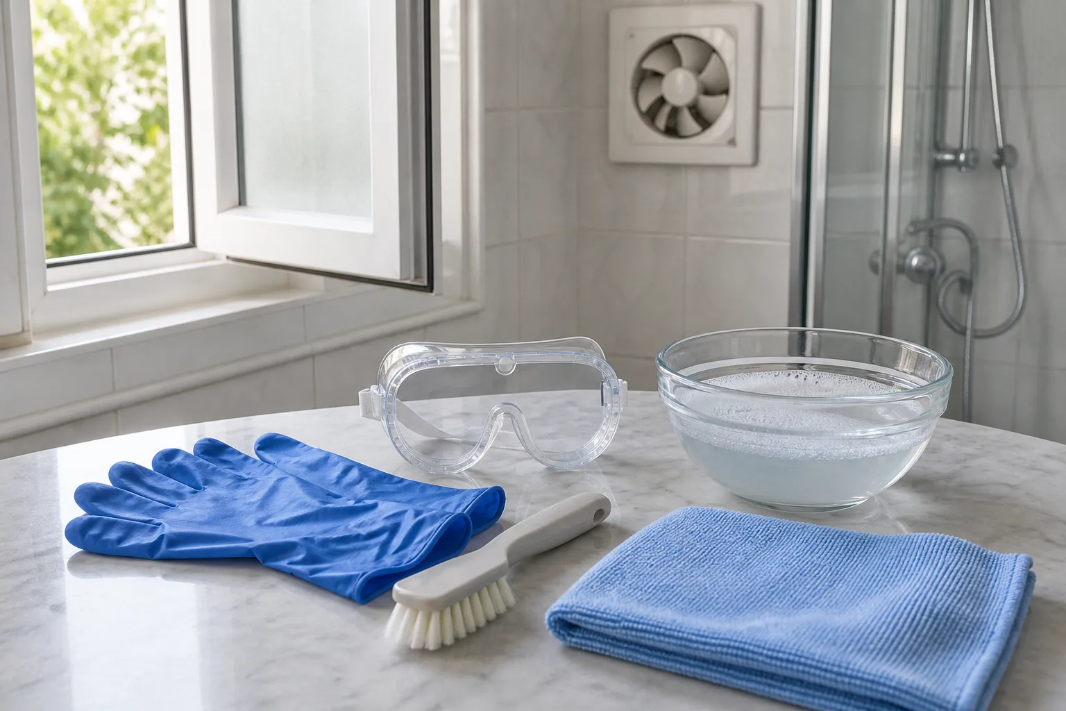 Gloves, goggles, soft brush and microfiber cloth beside an open bathroom window and exhaust fan