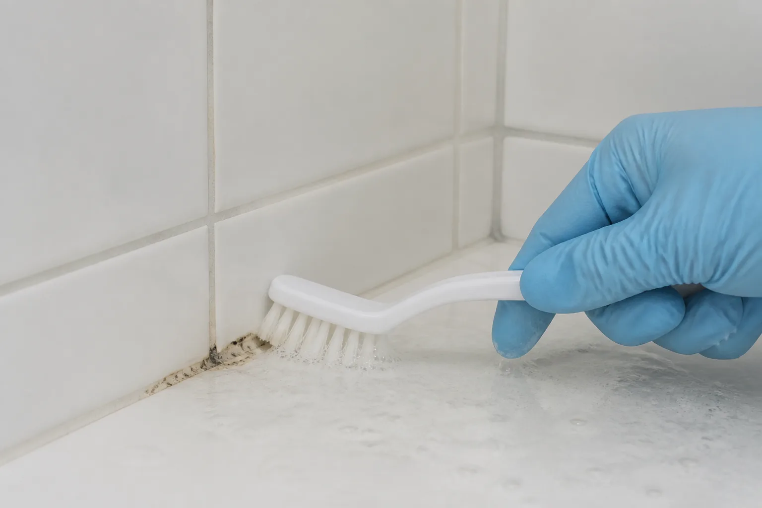 Gloved hand gently cleaning a small grout spot with a soft brush and soapy water