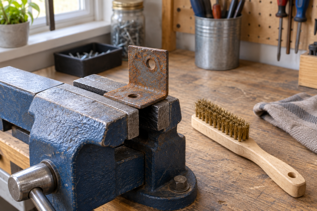 Small steel bracket held in a vise beside a brass brush