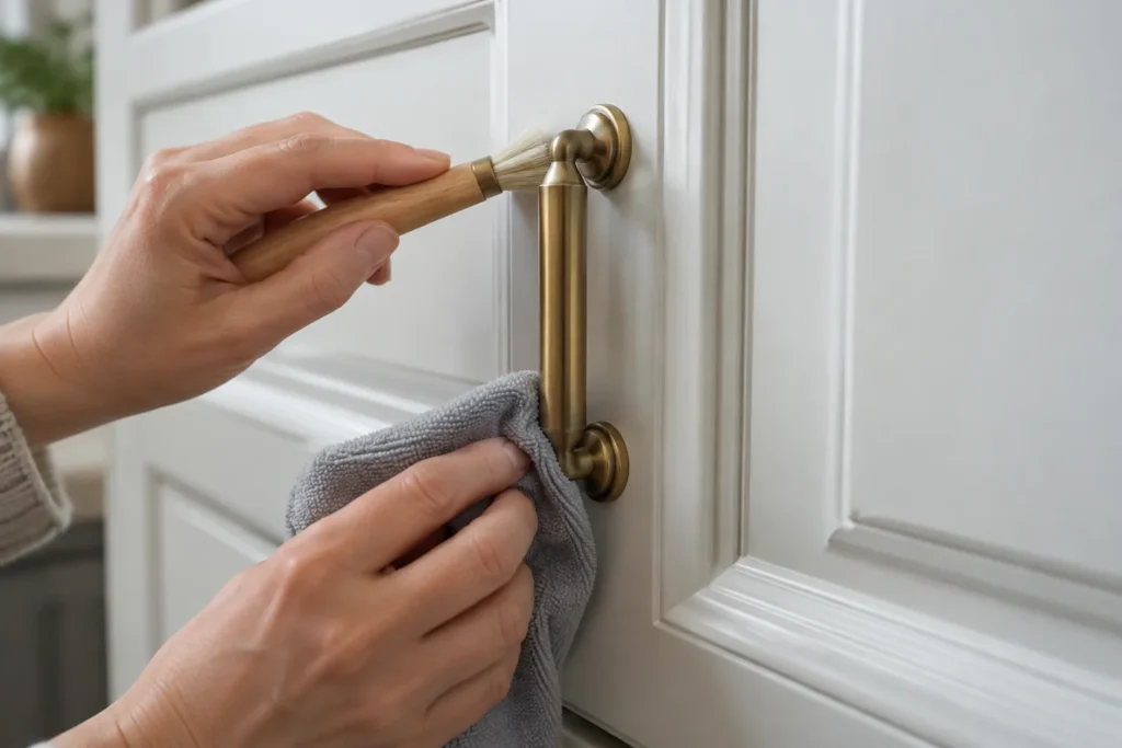 Soft detailing brush and microfiber cloth cleaning around a cabinet handle
