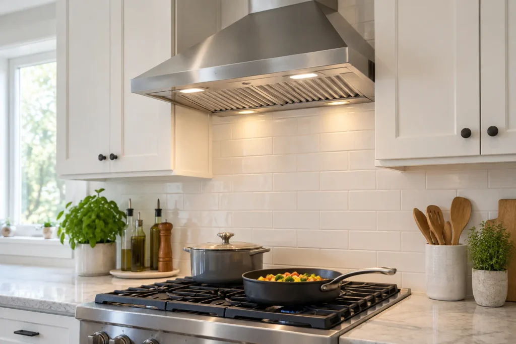 Clean kitchen with a range hood running above a stove