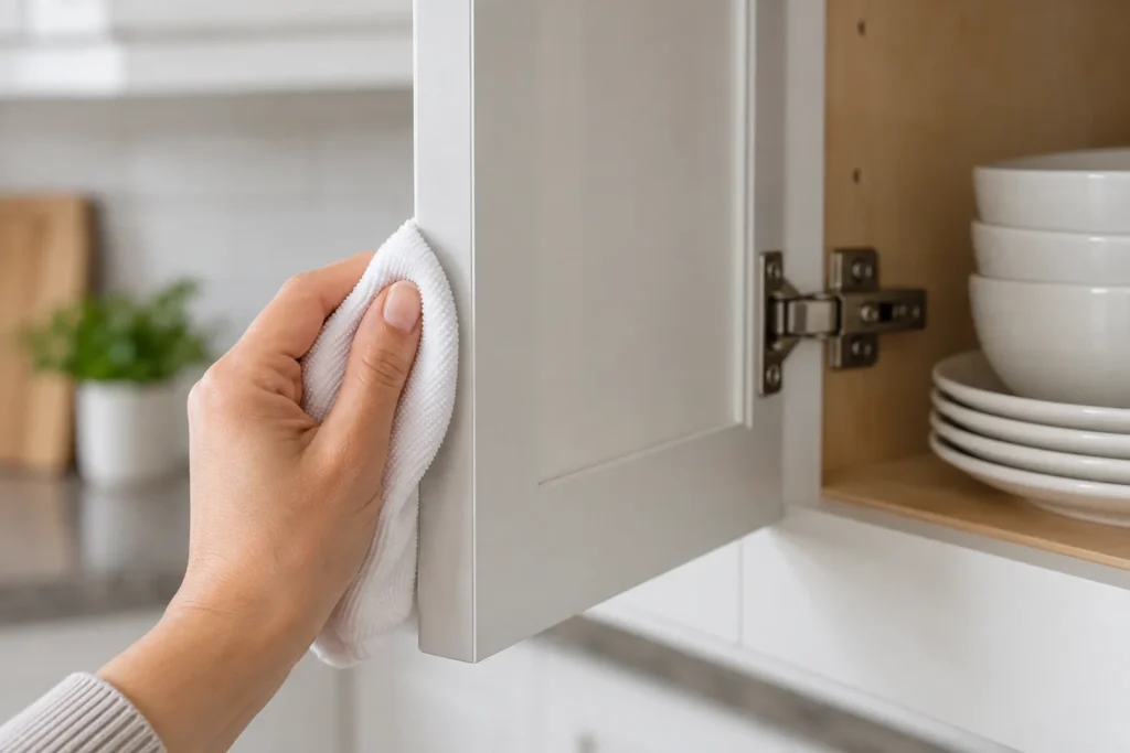Hand testing a hidden inside edge of a cabinet door with a microfiber cloth