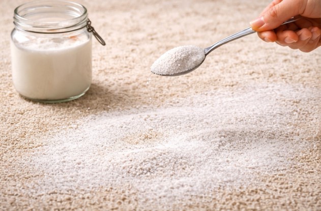 Baking soda lightly spread over a dry carpet