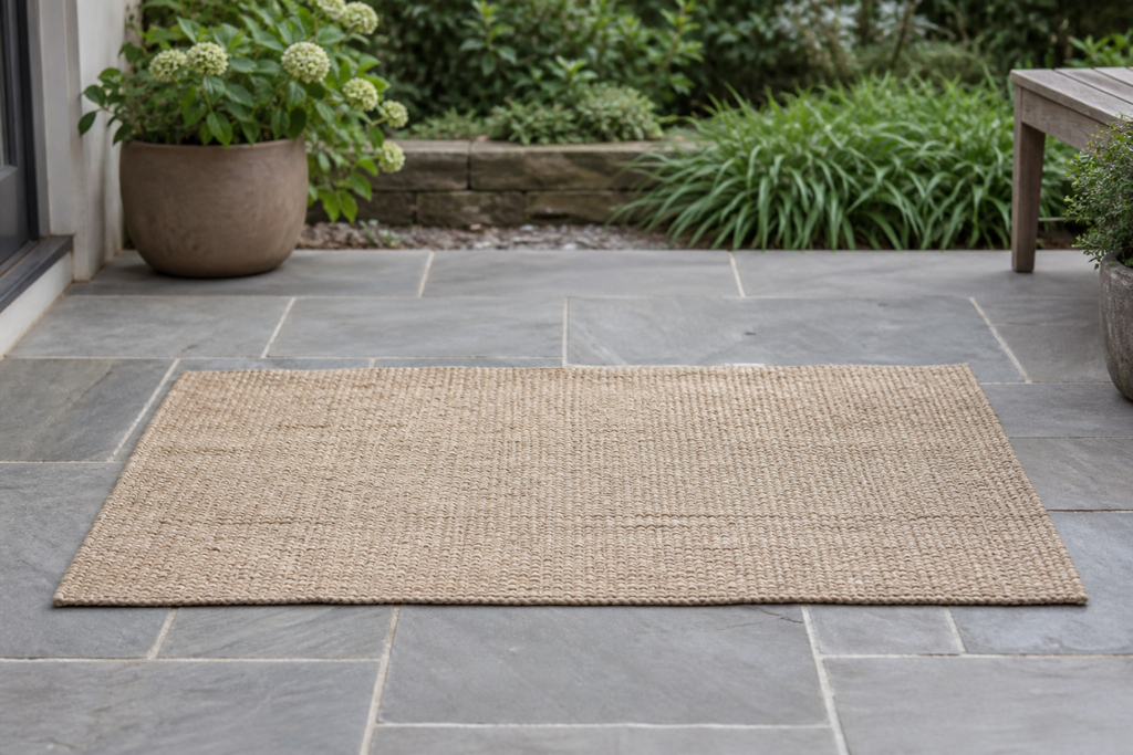 Hand lightly beating a removable rug outdoors to release dry dust