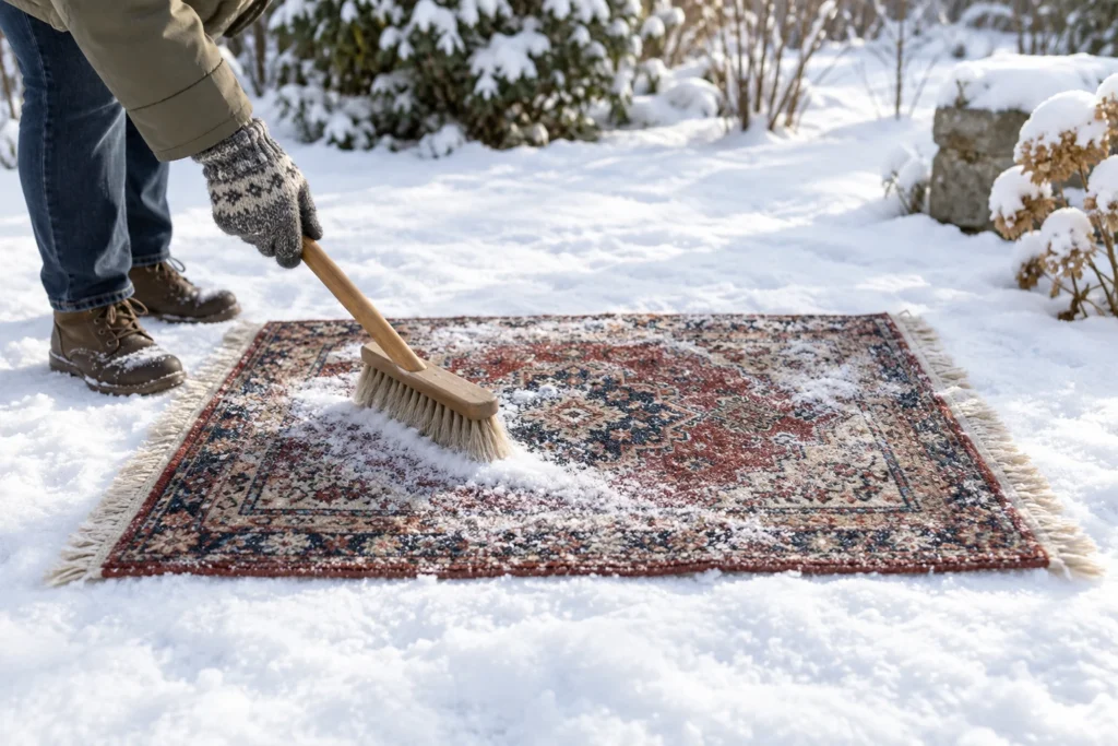 A removable patterned rug brushed with clean dry snow