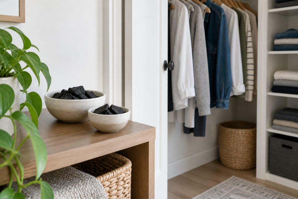 Activated charcoal containers near an open closet