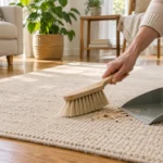A hand using a soft brush and dustpan on a small cream rug