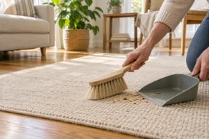 A hand using a soft brush and dustpan on a small cream rug