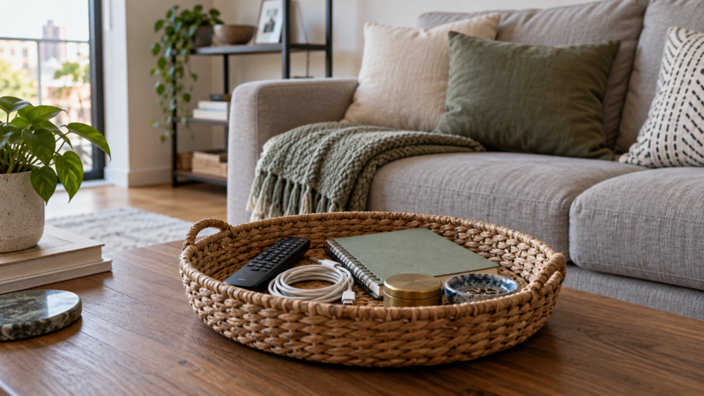 Basket holding everyday items during a quick living-room reset