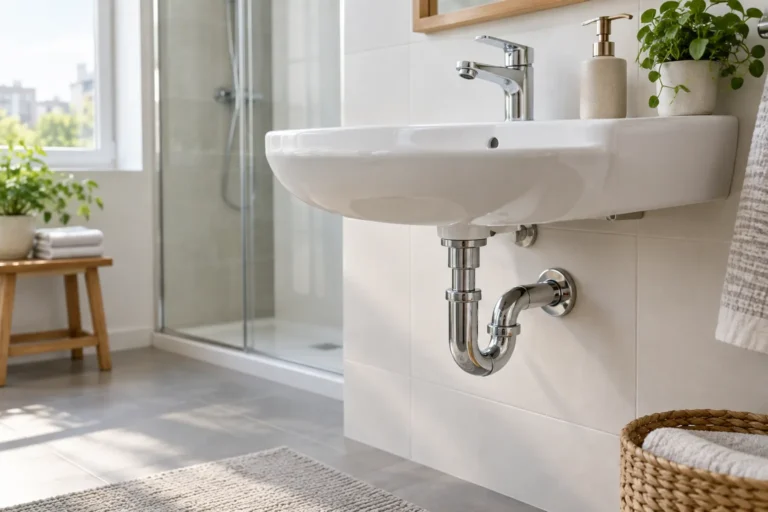 Clean bathroom sink with a visible P-trap pipe